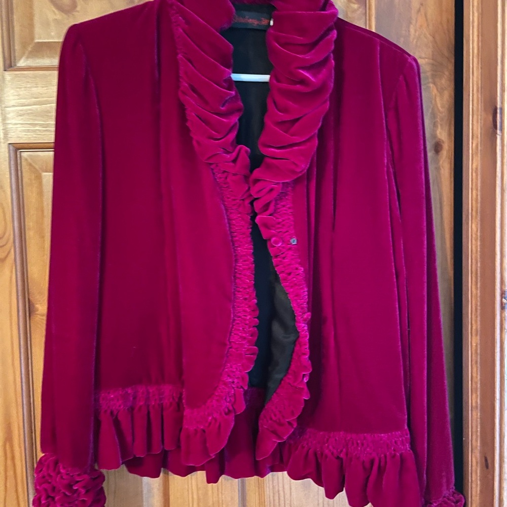 Rich Magenta Velvet Ruffled Blazer Jacket